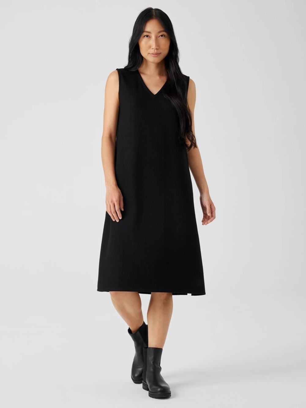 NWT Eileen Fisher Black Boiled Wool Jersey V Neck Sleeveless Dress Sz L Preppy